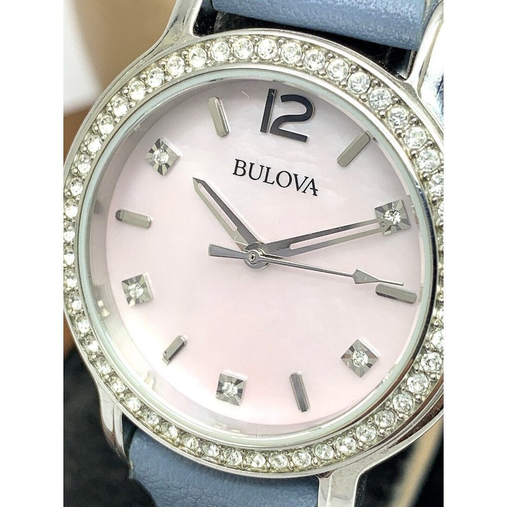 Bulova Women's Watch 96L254 Quartz Mother of Pearl Pink Dial Gemmed Leat…